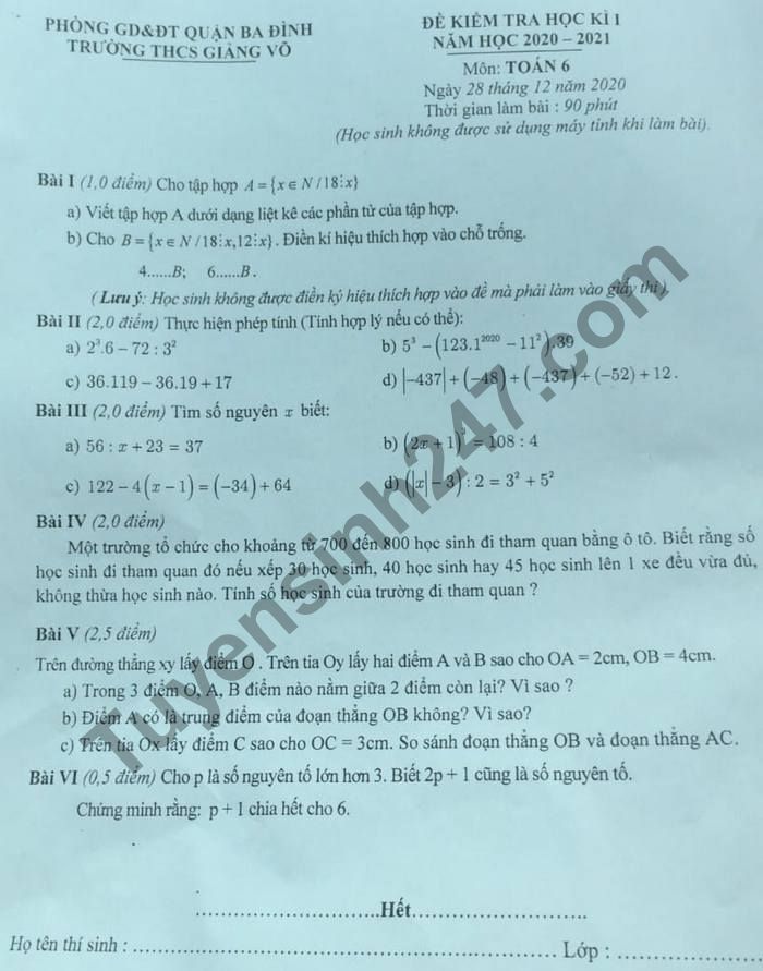 Đề thi học kì 1 lớp 6 môn Toán Trường THCS Giảng Võ năm 2020