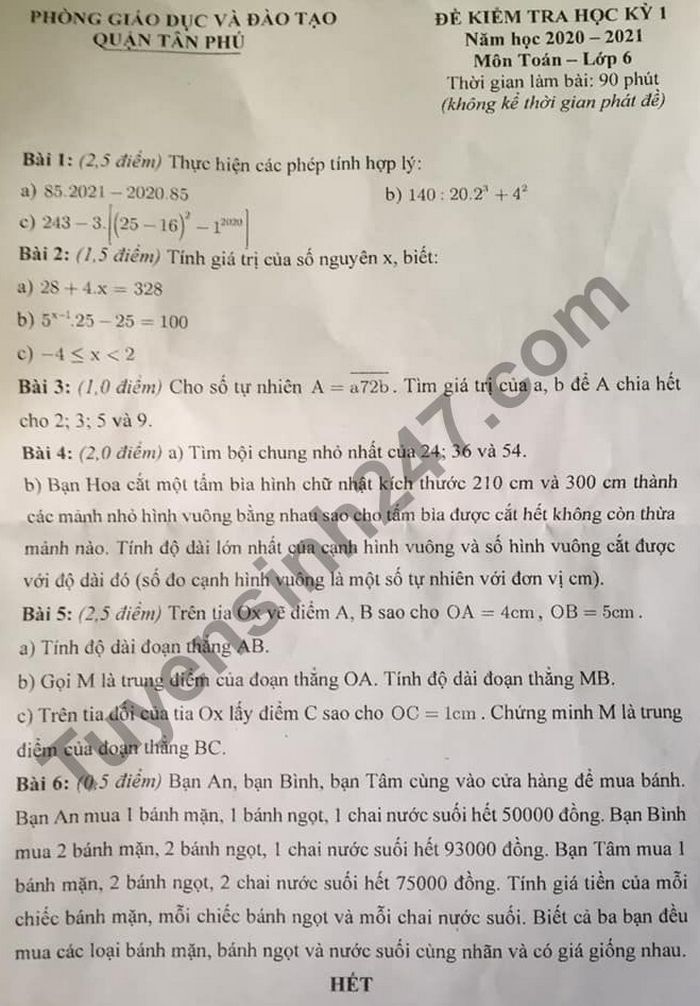 Đề thi học kì 1 năm 2020 môn Toán lớp 6 Phòng GD Quận Tân Phú