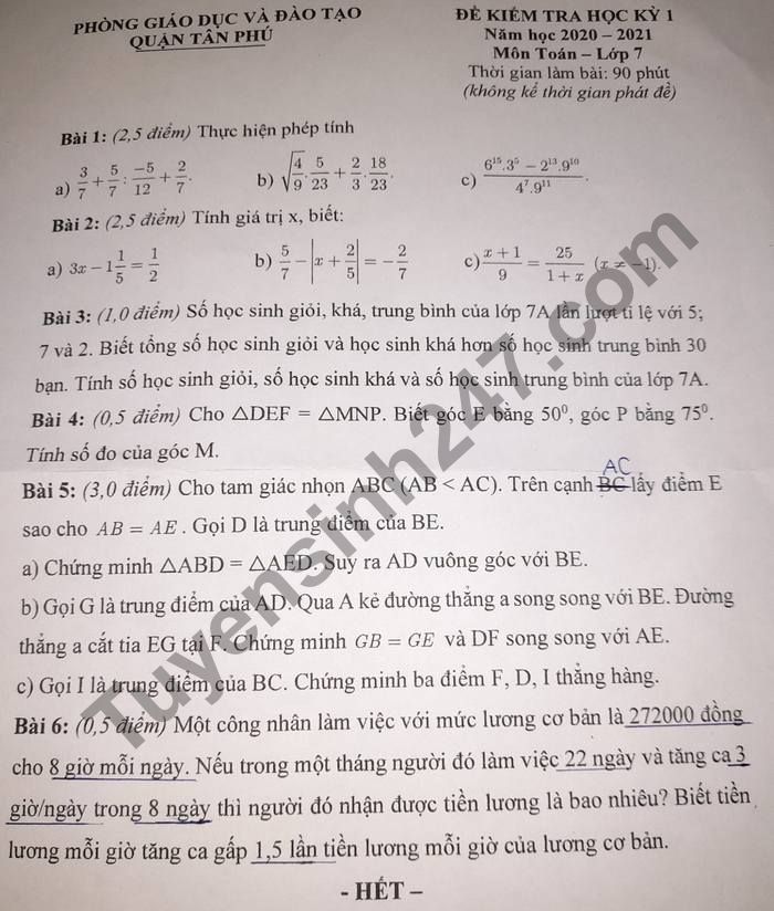 Đề thi học kì 1 năm 2020 lớp 7 môn Toán Phòng GD Quận Tân Phú