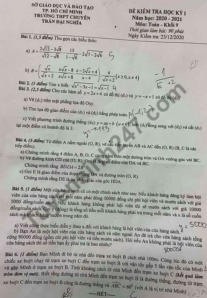 Đề thi học kì 1 năm 2020 môn Toán lớp 9 THPT chuyên Trần Đại Nghĩa