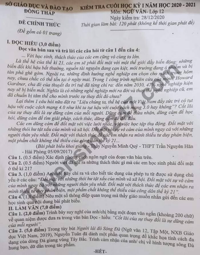Đề thi học kì 1 Sở GD Đồng Tháp lớp 12 môn Văn năm 2020
