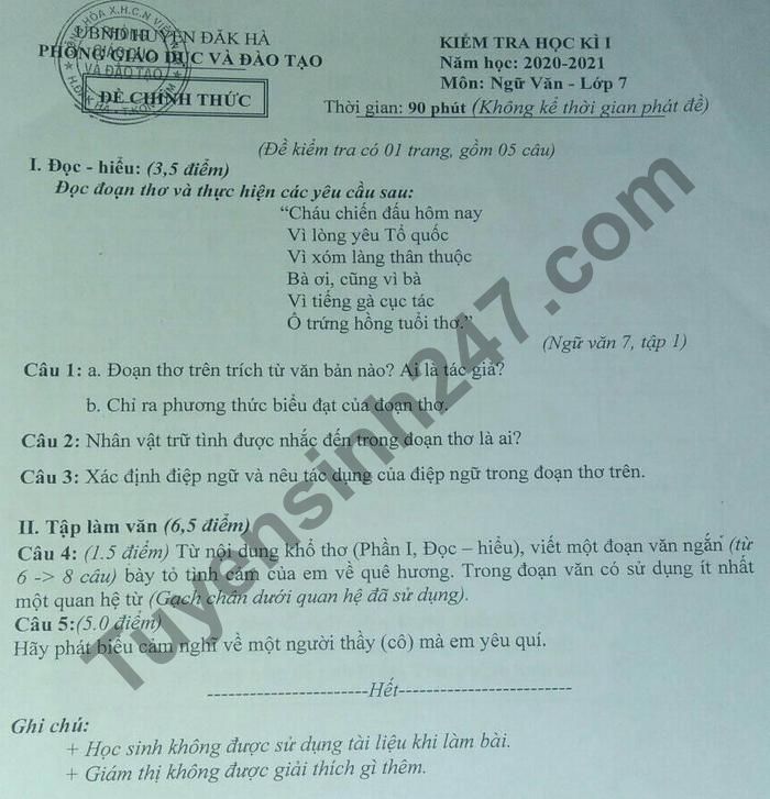 Đề thi học kì 1 môn Văn lớp 7 Phòng GD huyện Đắk Hà năm 2020