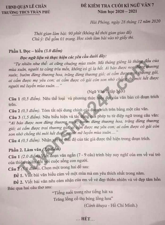 Đề thi học kì 1 môn Văn lớp 7 Trường THCS Trần Phú năm 2020