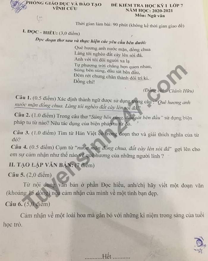 Đề thi học kì 1 lớp 7 môn Văn năm 2020 Phòng GD Vĩnh Cửu