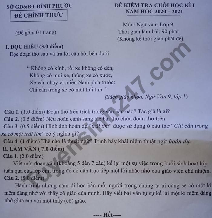 Đề thi học kì 1 Sở GD Bình Phước môn Văn lớp 9 năm 2020
