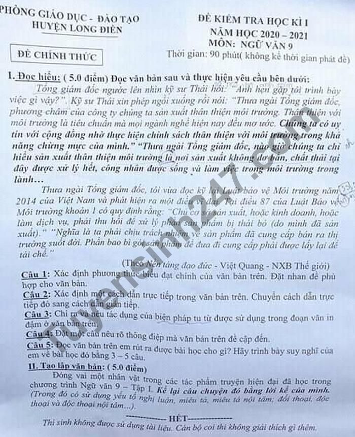 Đề thi học kì 1 lớp 9 môn Văn năm 2020 Phòng GD huyện Long Điền