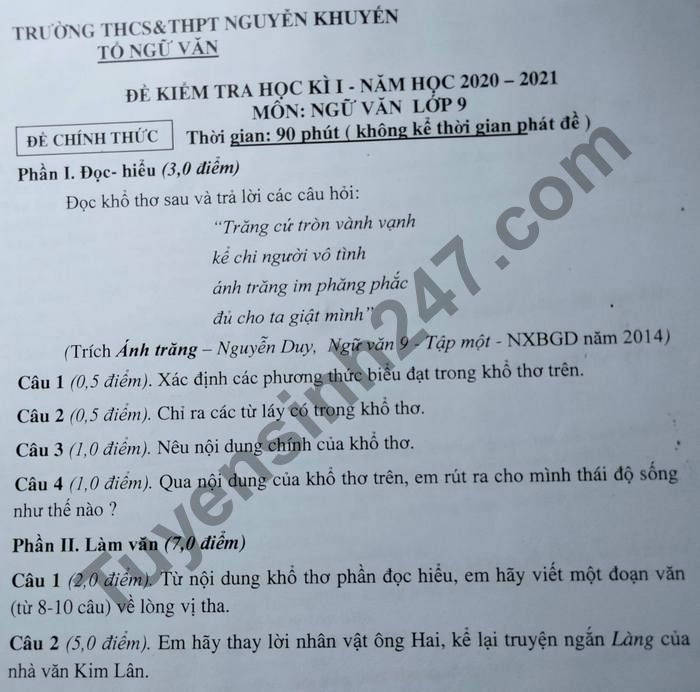Đề thi học kì 1 năm 2020 môn Văn lớp 9 THCS&THPT Nguyễn Khuyến