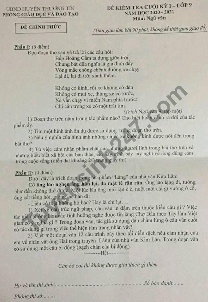 Đề thi học kì 1 lớp 9 môn Văn năm 2020 huyện Thường Tín