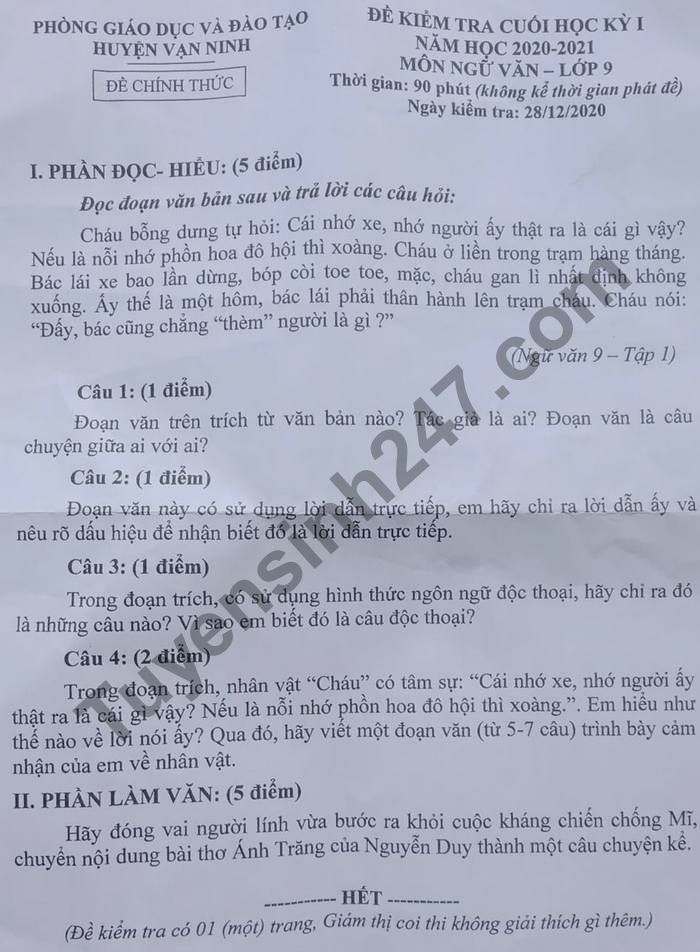 Đề thi học kì 1 lớp 9 môn Văn năm 2020 Phòng GD huyện Vạn Ninh