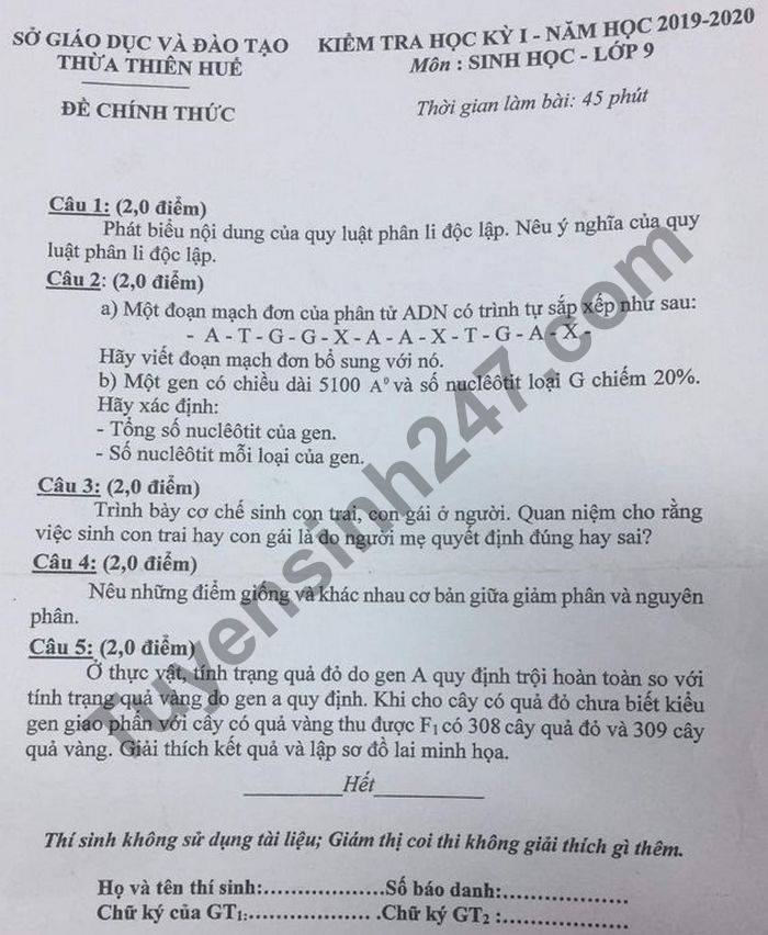 Đề thi học kì 1 năm 2020 môn Sinh lớp 9 Sở GD Thừa Thiên Huế