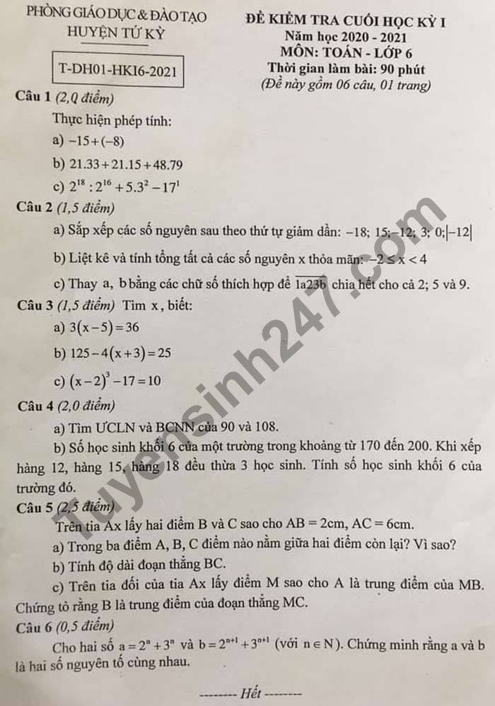 Đề thi học kì 1 Phòng GD huyện Tứ Kỳ môn Toán lớp 6 năm 2020