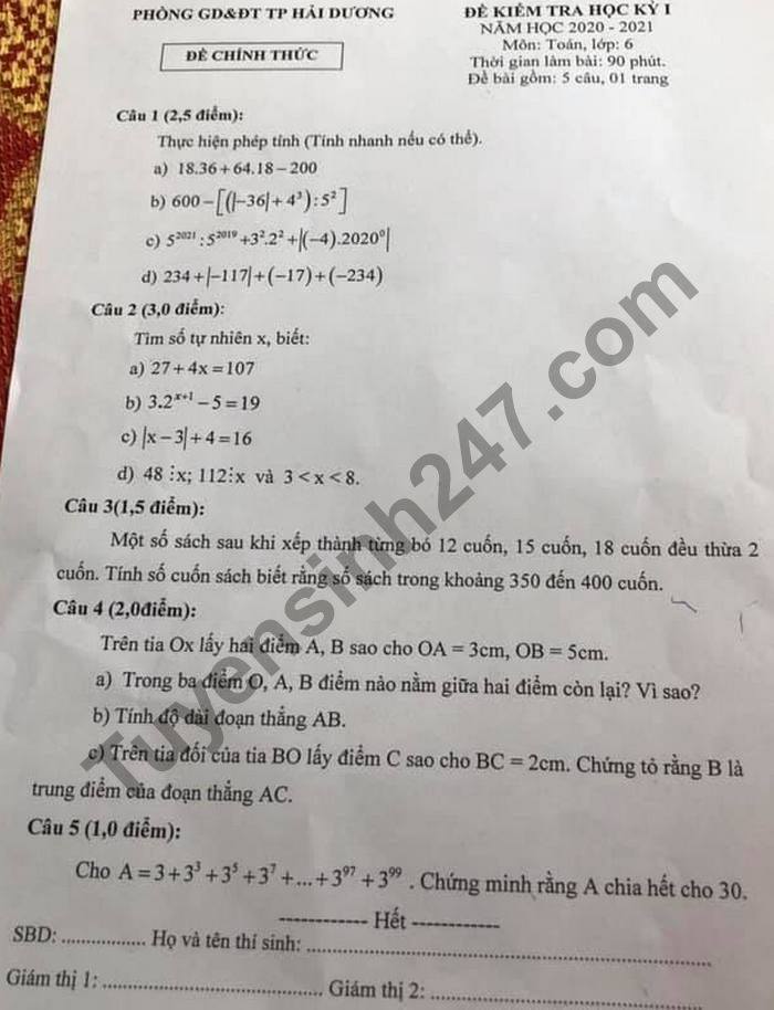 Đề thi học kì 1 lớp 6 năm 2020 môn Toán Phòng GD TP Hải Dương