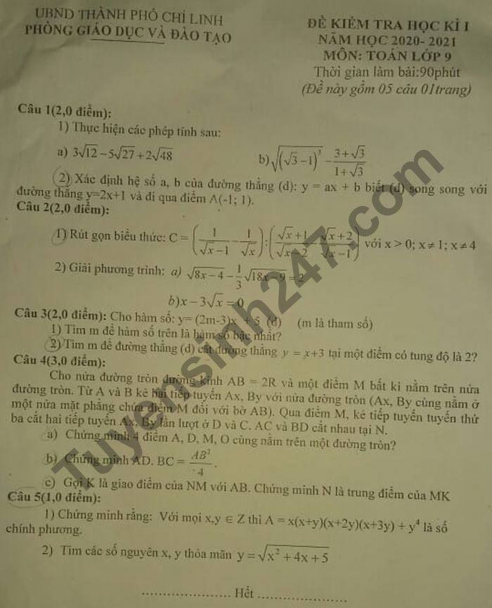 Đề thi học kì 1 năm 2020 Phòng GD TP Chí Linh môn Toán lớp 9