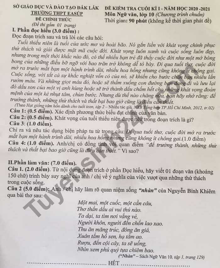 Đề thi học kì 1 THPT Ea Súp năm 2020 môn Văn lớp 10