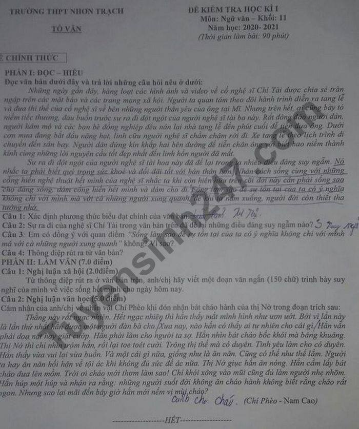 Đề thi học kì 1 năm 2020 lớp 11 môn Văn THPT Nhơn Trạch 