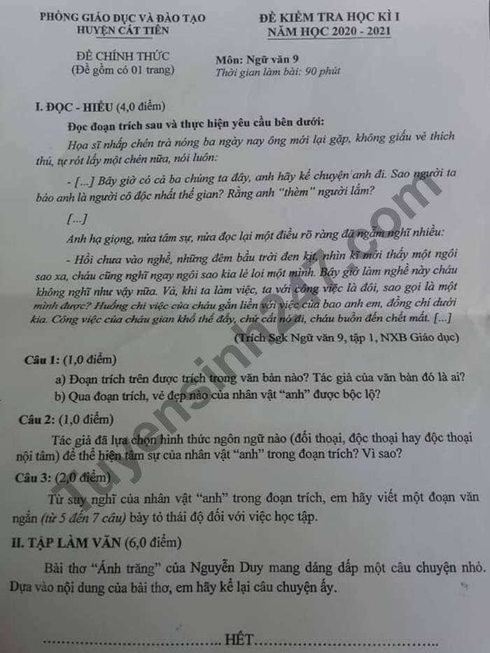 Đề thi học kì 1 môn Văn lớp 9 huyện Cát Tiên năm 2020