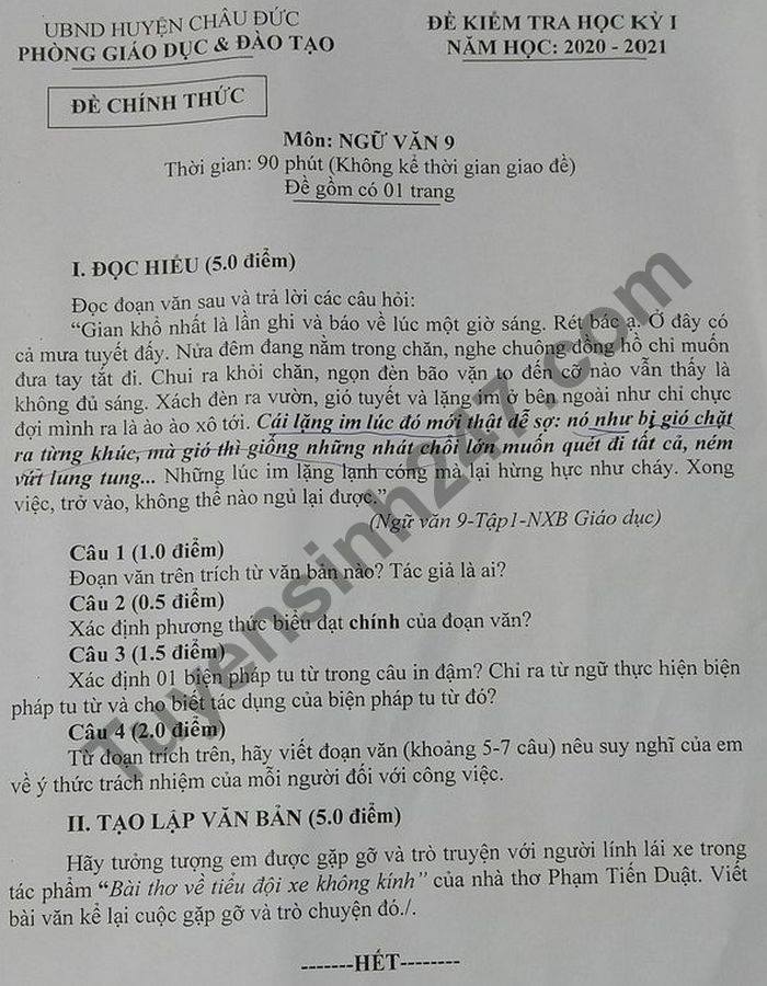 Đề thi học kì 1 môn Văn lớp 9 huyện Châu Đức năm 2020