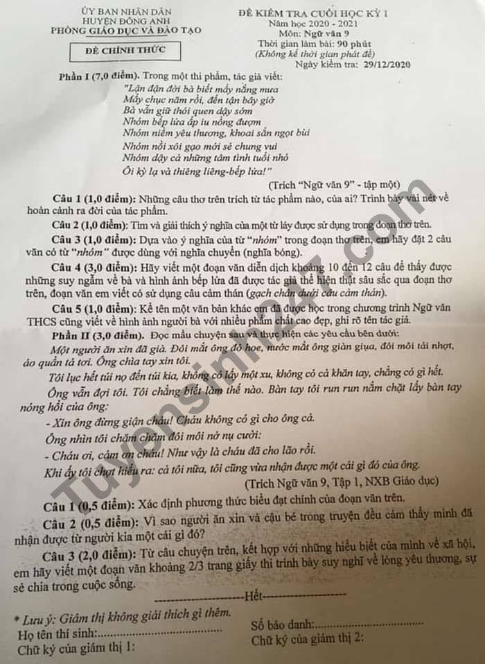 Đề thi học kì 1 năm 2020 môn Văn lớp 9 huyện Đông Anh 