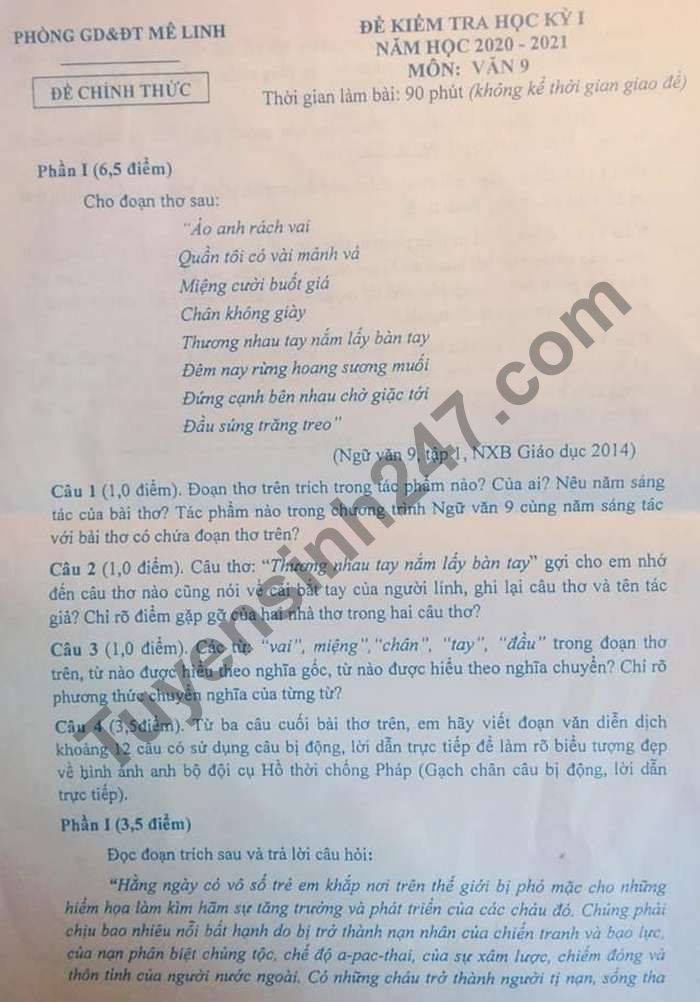 Đề thi học kì 1 môn Văn lớp 9 Phòng GD Mê Linh năm 2020