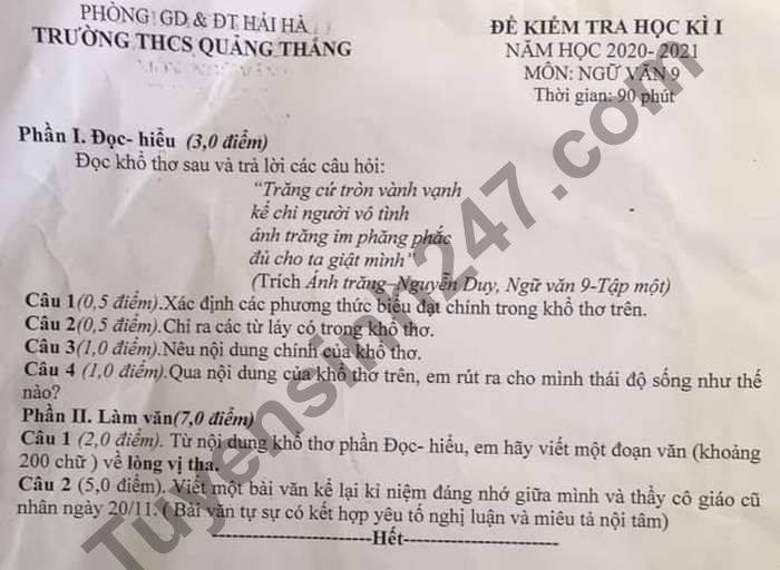 Đề thi học kì 1 môn Văn lớp 9 năm 2020 THCS Quảng Thắng