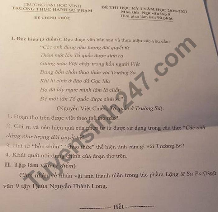 Đề thi học kì 1 môn Văn lớp 9 trường THSP ĐH Vinh năm 2020