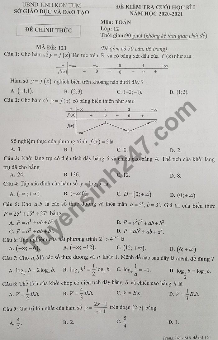 Đề thi học kì 1 lớp 12 môn Toán năm 2020 Sở GDĐT Kon Tum