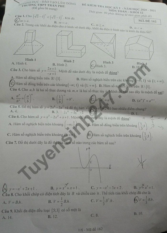 Đề thi học kì 1 môn Toán lớp 12 năm 2020 THPT Trần Phú