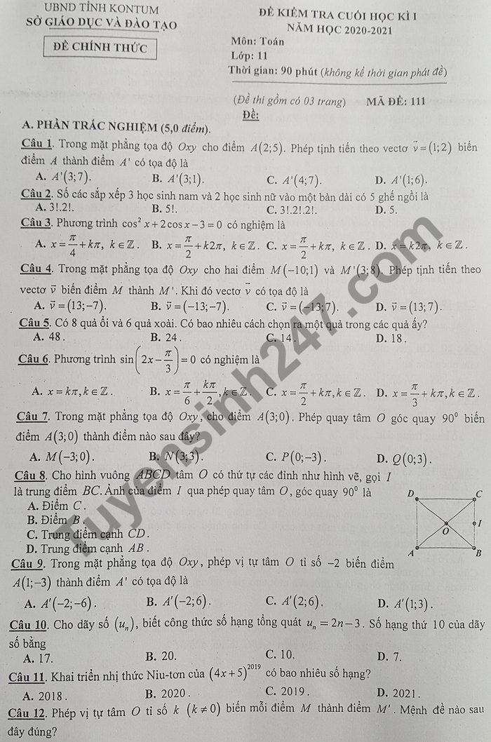 Đề thi học kì 1 năm 2020 môn Toán lớp 11 Sở GD Kon Tum