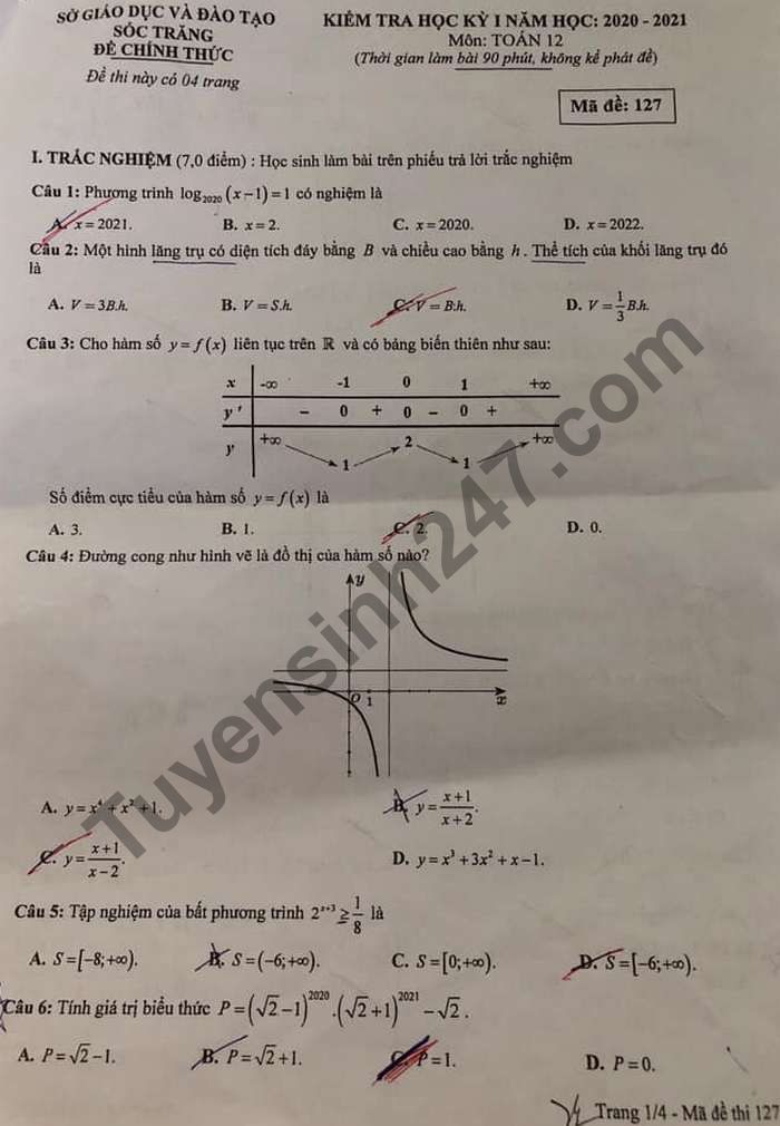 Đề thi học kì 1 lớp 12 môn Toán Sở GD Sóc Trăng năm 2020