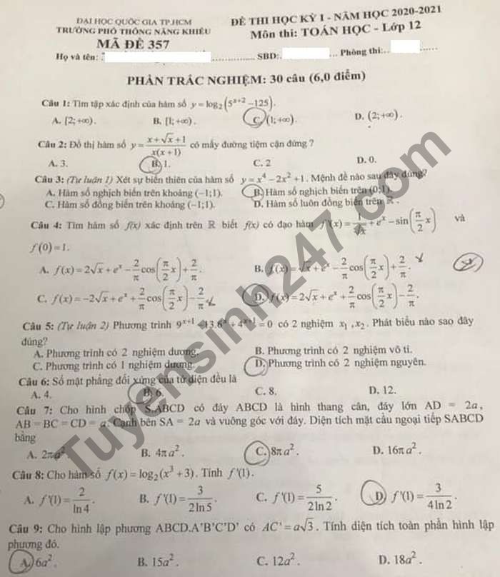 Đề thi học kì 1 môn Toán lớp 12 Trường PT Năng Khiếu năm 2020