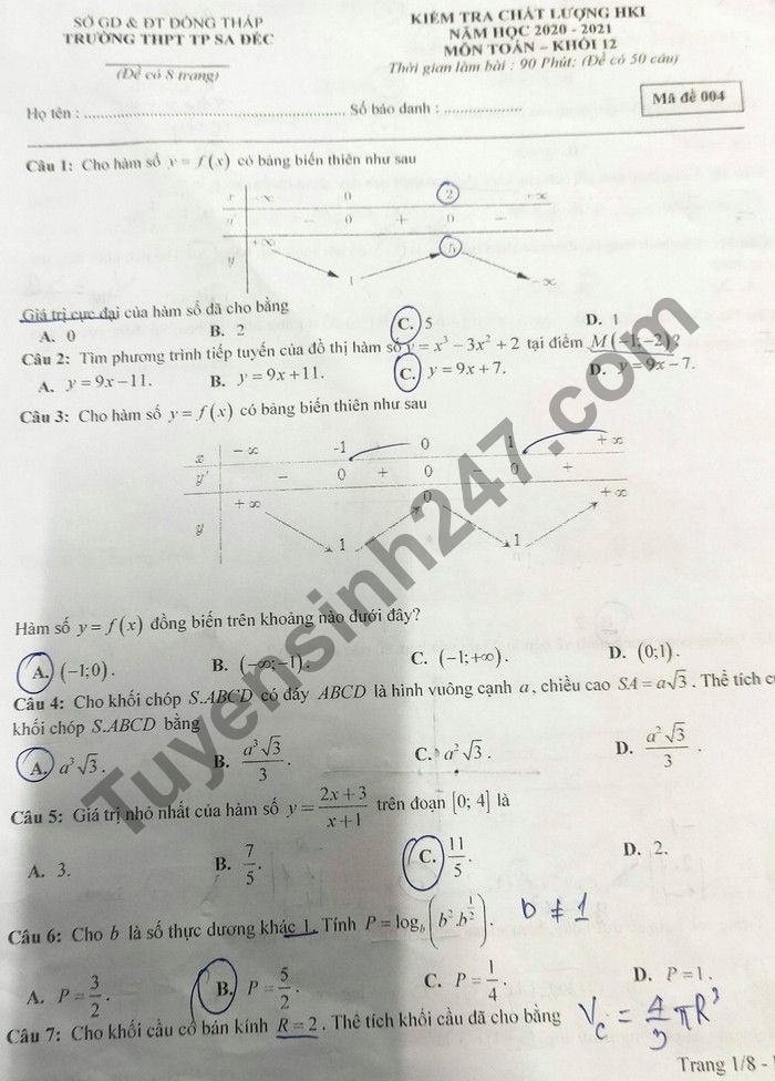 Đề thi học kì 1 THPT TP Sa Đéc năm 2020 môn Toán lớp 12 