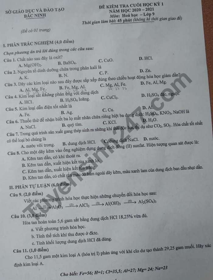 Đề thi học kì 1 môn Hóa lớp 9 Sở GD Bắc Ninh năm 2020