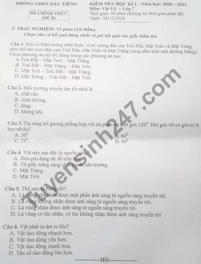 Đề thi học kì 1 Phòng GD Dầu Tiếng năm 2020 lớp 7 môn Lý 