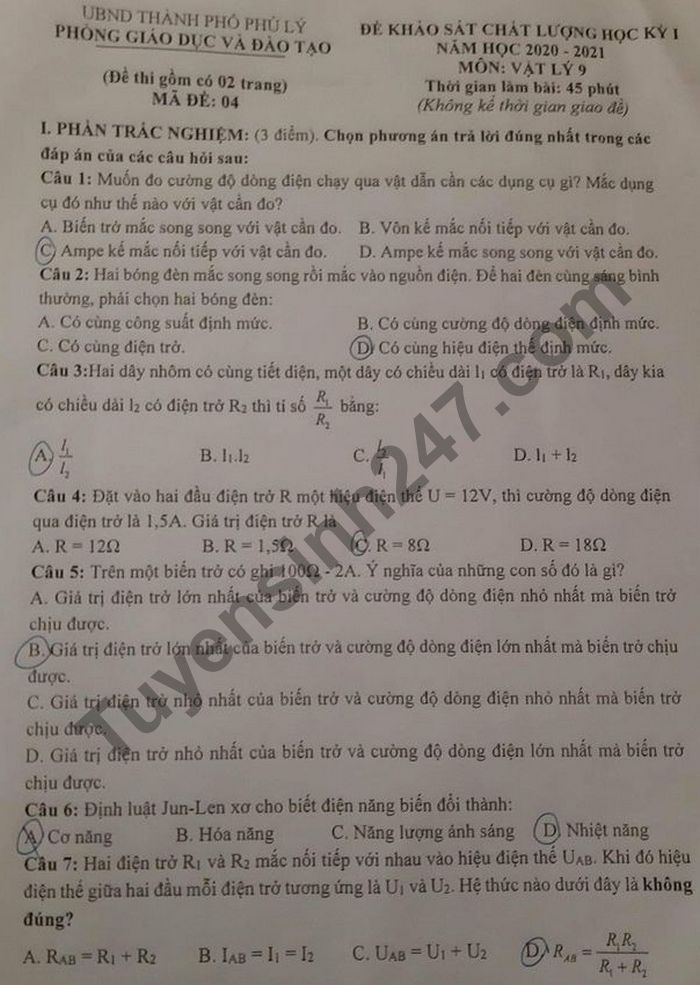 Đề thi học kì 1 lớp 9 môn Lý năm 2020 Phòng GD TP Phủ Lý