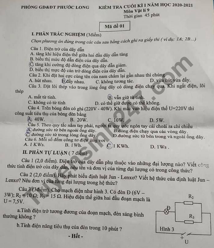 Đề thi học kì 1 môn Vật Lí lớp 9 năm 2020 Phòng GD Phước Long