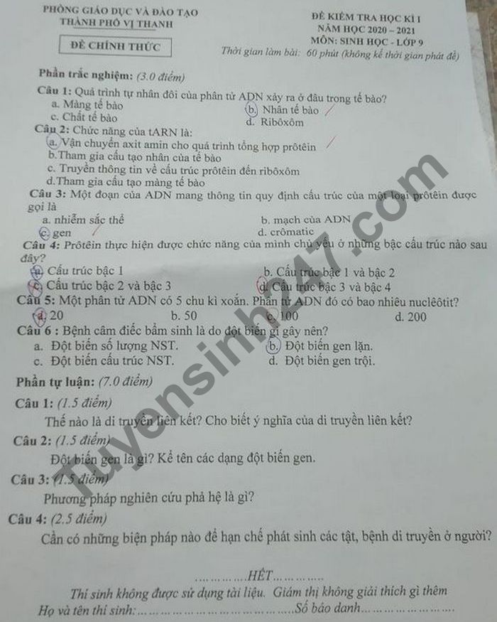 Đề thi học kì 1 lớp 9 môn Sinh năm 2020 Phòng GD TP Vị Thanh