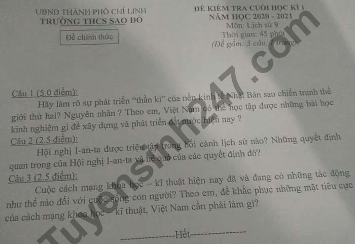 Đề thi học kì 1 Trường THCS Sao Đỏ năm 2020 lớp 9 môn Sử