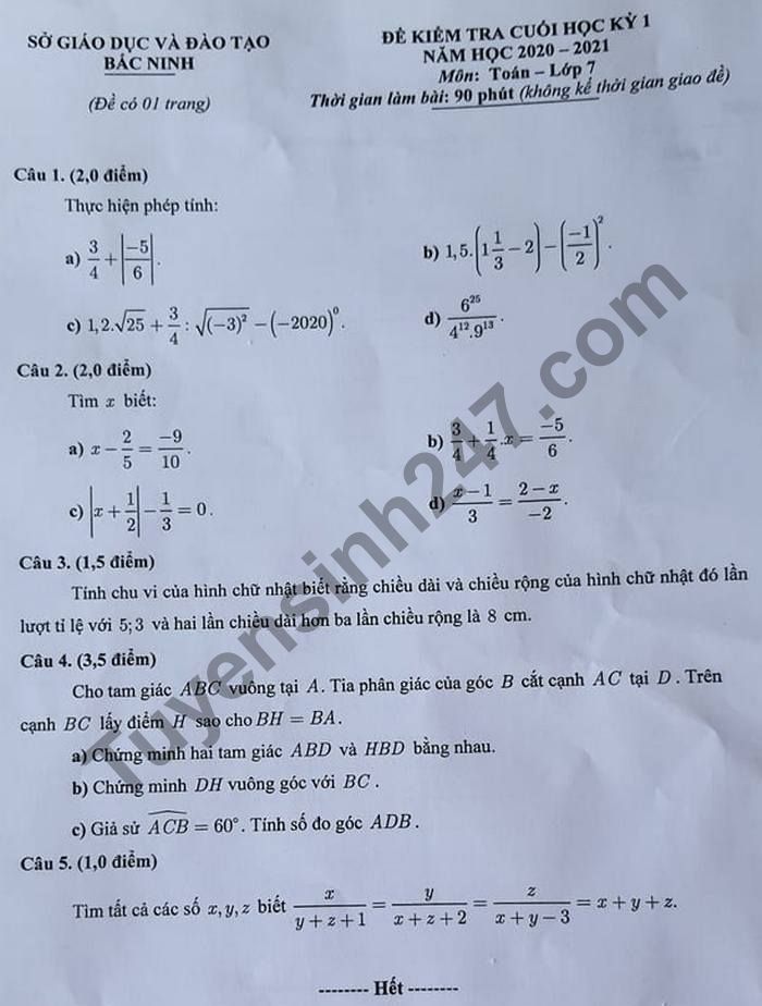 Đề thi học kì 1 năm 2020 môn Toán lớp 7 Sở GD Bắc Ninh