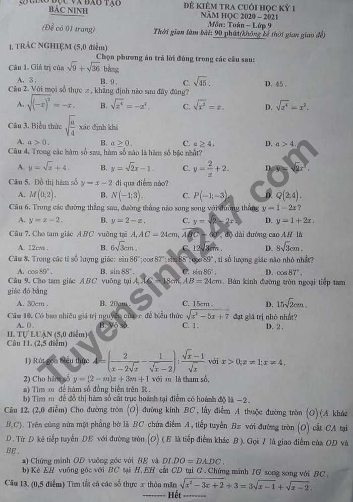 Đề thi học kì 1 Sở GD Bắc Ninh năm 2020 môn Toán lớp 9