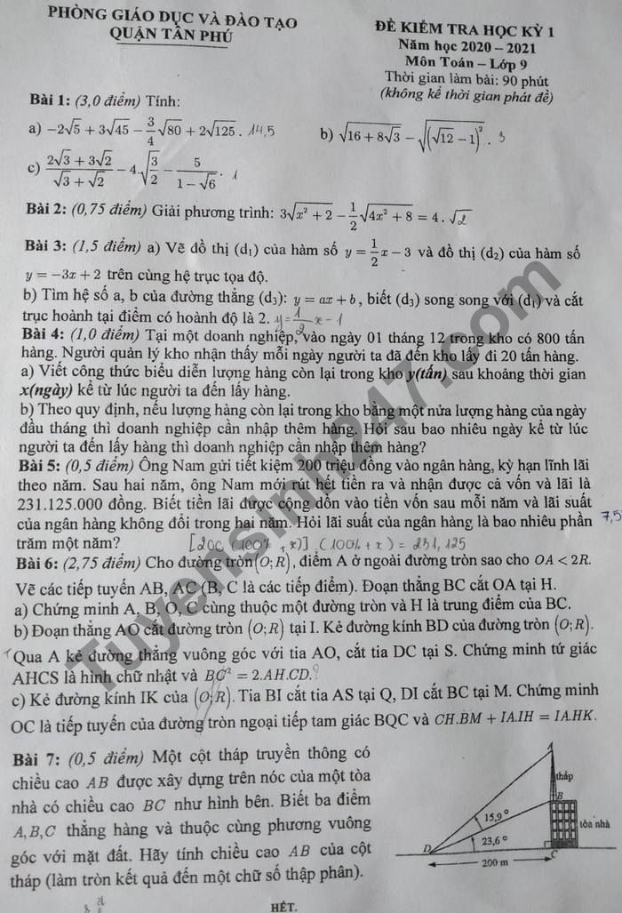 Đề thi học kì 1 năm 2020 Phòng GD Quận Tân Phú môn Toán lớp 9