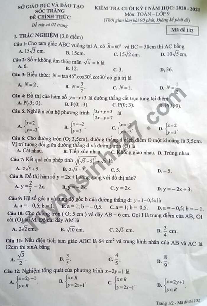 Đề thi học kì 1 năm 2020 Sở GD Sóc Trăng lớp 9 môn Toán