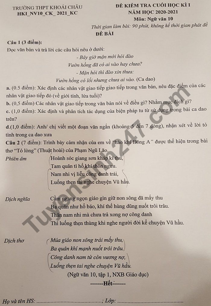 Đề thi học kì 1 THPT Khoái Châu năm 2020 lớp 10 môn Văn