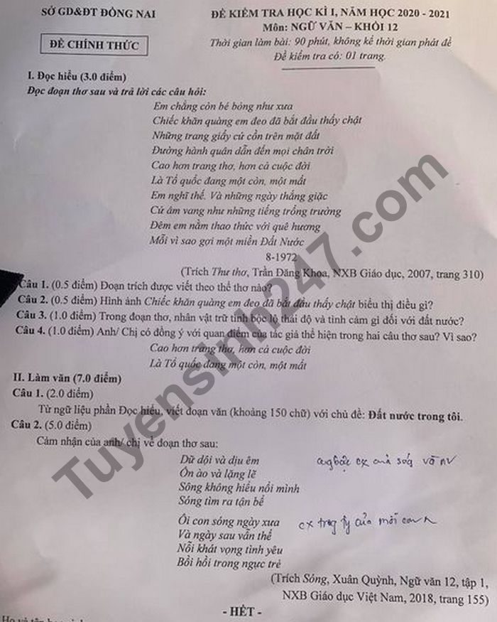 Đề thi học kì 1 lớp 12 môn Văn Sở GD Đồng Nai năm 2020