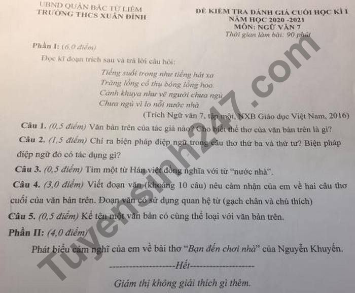 Đề thi học kì 1 môn Văn lớp 7 THCS Xuân Đỉnh năm 2020