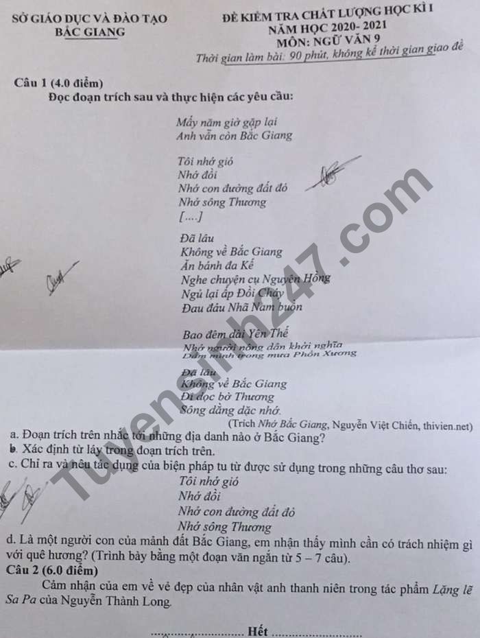 Đề thi học kì 1 Sở GD Bắc Giang môn Văn lớp 9 năm 2020