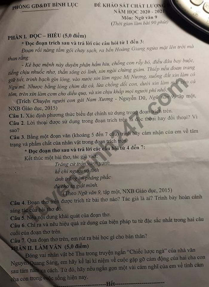 Đề thi học kì 1 môn Văn lớp 9 Phòng GD Bình Lục năm 2020