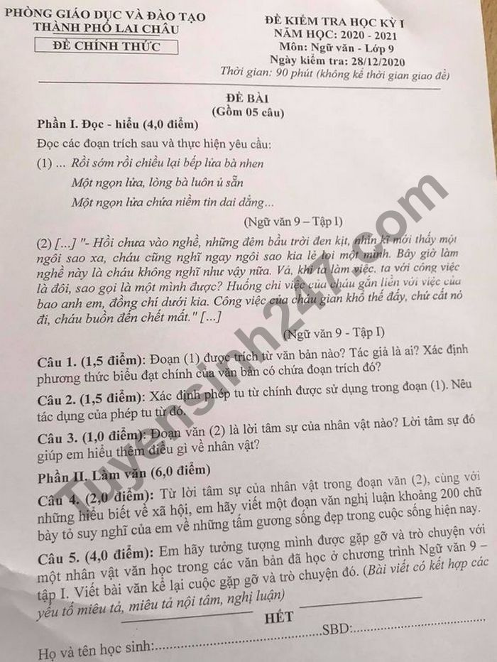 Đề thi học kì 1 môn Văn lớp 9 năm 2020 Phòng GD TP Lai Châu