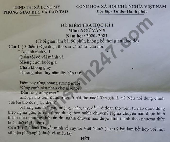 Đề thi học kì 1 năm 2020 Thị xã Long Mỹ môn Văn lớp 9