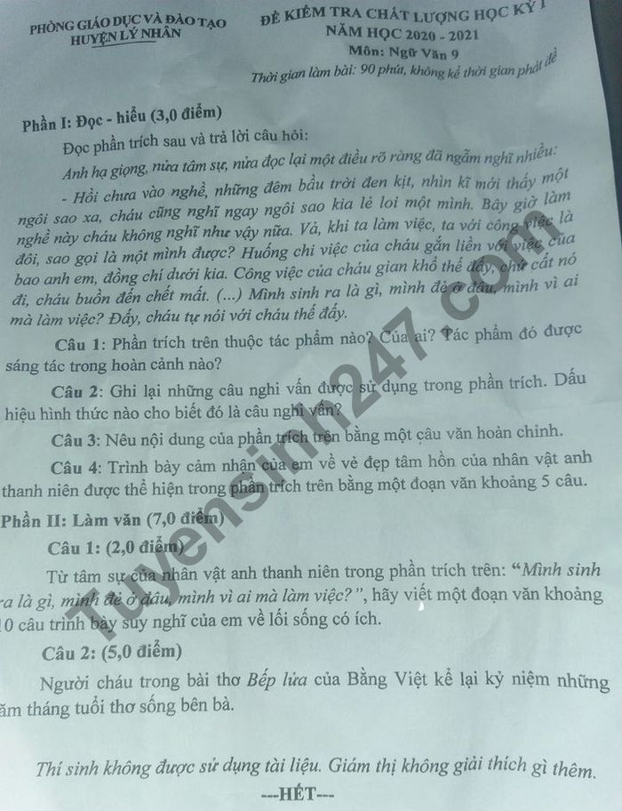 Đề thi học kì 1 môn Văn lớp 9 năm 2020 huyện Lý Nhân