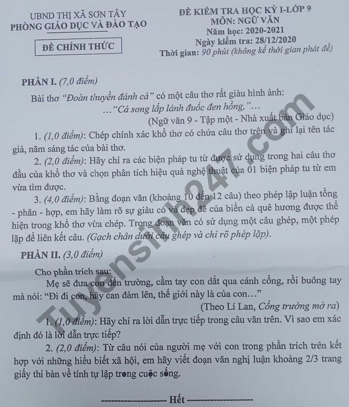 Đề thi học kì 1 năm 2020 Thị xã Sơn Tây lớp 9 môn Văn